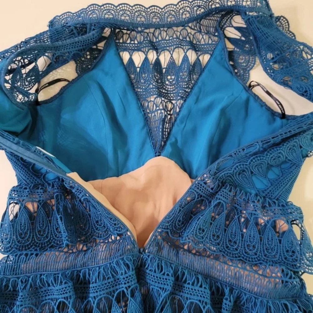 Self-Portrait Tiered Lace Mini-Dress in Teal - Picture 6 of 12
